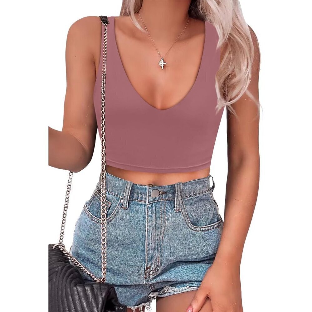 Women's V Neck Crop Top Soft Stretch Double Lined Sleeveless for Going Out